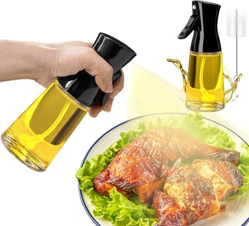 Leaflai Nébuliseur d'huile de cuisine en verre - 180ml Nouveau flacon pulvérisateur d'huile, nébuliseur de friteuse à air chaud avec pinceau, verre épais, large gamme, accessoires
