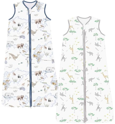 Chilsuessy Schlafsack Baby 2er Pack 2.5 Tog Winterschlafsack Babyschlafsack aus Baumwolle Winter Schlafanzug ohne Ärmel für Kinder, Giraffe Wald + Tier Karte, 110cm/Baby Höhe 100-120cm