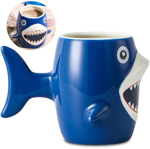 ZONSUSE Lustige Hai Kaffeetasse,3D Hai Becher,Haifisch Keramik Becher,mit Fischschwanz Form Henkel,Personalisiert Tier Tasse,Kreative Geschenke für Familie Freunde Kinder Geburtstage 450ml (Hai)