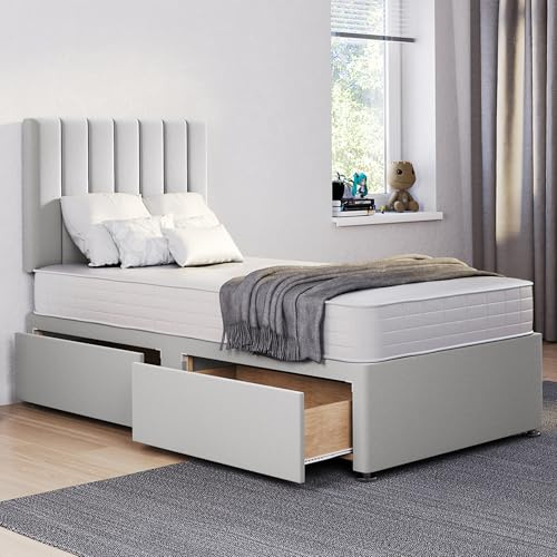 ComfoRest - Elegant 3FT Single Divan Bed with Mattress & 2 Drawers | Stylish Frame with 24 Stripe Headboard for Contemporary Bedrooms (Silver Plush)