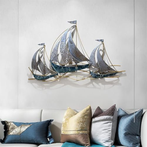 Großes Wanddekor in Form eines Segelboots aus Metall, 86,4 cm L x 54,4 cm H, handgefertigtes Küsten-/Strand-Segelboot-Wandkunstdekor, 3D-Wandskulpturen in Form eines nautischen Schiffs, für Wohnzimmer