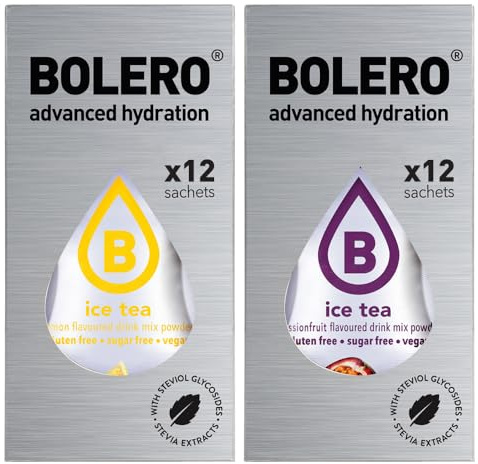 SET 24 BOLERO bustine da 3 grammi 12 ice tea lemon limone + 12 Ice Tea Passion Fruit Preparato istantaneo per Bevande con Stevia e Vitamina C e Senza Zucchero
