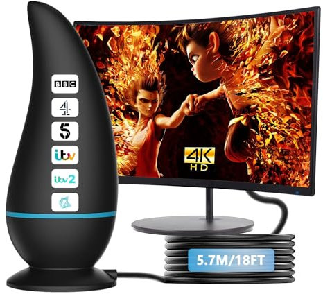 TV Aerial, Freeview Indoor TV Aerial 560+ Miles Range 360° Reception Amplified Support 1080P 4K HD Digital Amplifier Signal Booster for 4K 1080P HD Local Channels and All Older TV's-18ft Aerial Cable