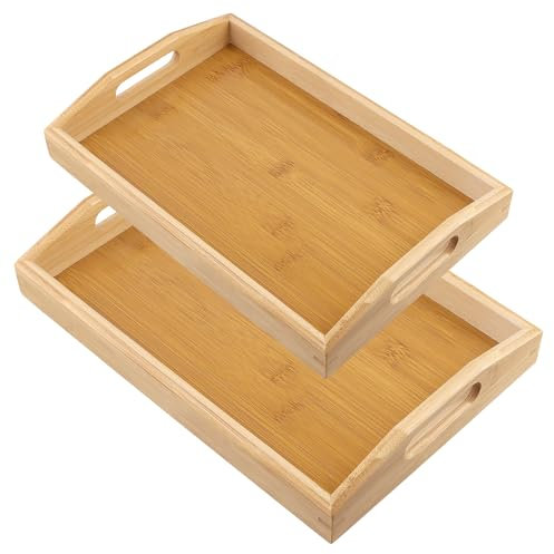 FUNSUEI 2 bandejas Grandes de Madera de 30 cm y 38 cm para Servir, Bandeja de bambú con Asas para Comer Alimentos, té, Bar, Cena