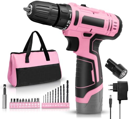 Destornillador eléctrico de 12 V rosa – Taladro atornillador inalámbrico con conjunto de herramientas – Caja de herramientas completa, 1400 rpm, 21 brocas para bricolaje, mantenimiento doméstico (1