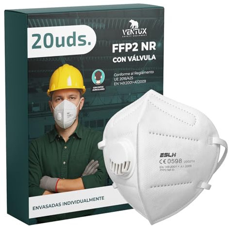 VENTUX SAFETY EQUIPMENT Mascarilla FFP2-blanco-con Válvula de Exhalación – Certificación CE – Filtración ≥99% – Desechable – Protección Respiratoria Profesional (20)