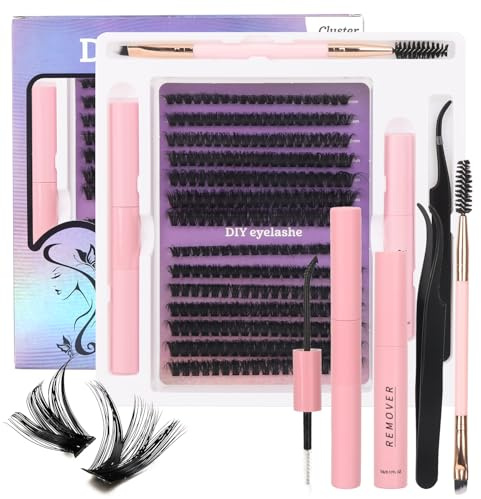 MOTIBACK Lash Extension Kit 280Pcs 60D+80D Lengths (9-16mm), DIY Individual Eyelashes Clusters Kit Includes Natural Lash Clusters D Curl, Bond & Seal, Brush & Tweezers,Remover
