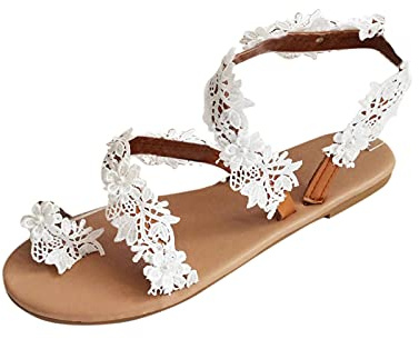 Sandales Plates D'été Femme Dentelle Bohème Vacances Fleurs Nu Pieds Légères Sandale Femme Confortable Antidérapantes Respirantes Sandale Chaussures de Plag Chic et Confortable