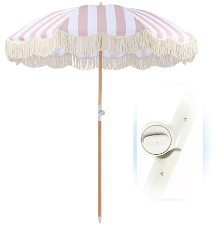 DLAZUM Ombrellone da Spiaggia a Righe Rosa e Bianco da 7 Piedi, ombrellone da Giardino con Frange, palo in Legno inclinabile, Protezione Solare, ombrellone Portatile per Balcone