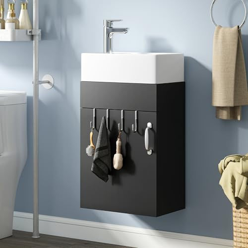 YITAHOME 40CM Badezimmerschrank,Waschbeckenunterschrank mit Tür Waschtisch mit Waschbecken,Aufbewahrungsschrank, Waschtischunterschrank mit 2 Haken,für Badezimmer Küche, Schwarz