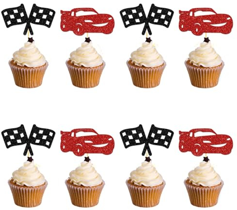 Xanthelle Cars Tortendeko, 24 Stück Auto Cake Topper im Rennwagen Design, Hot Wheels Geburtstagsdeko für Kinder, Tortenstecker und Flagge für Racing Torte