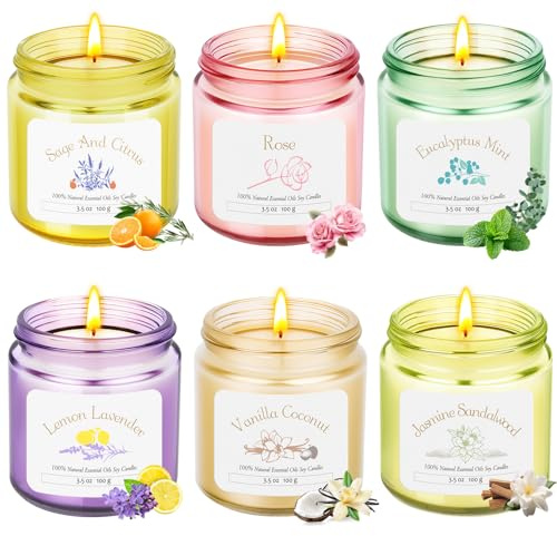 Candele profumate in vetro, 6 candele profumate da 3,5 OZ, set regalo per donne, aromaterapia, candele di soia per rilassarsi, candele profumate di Natale con 150 ore, lunga durata, piccoli regali per