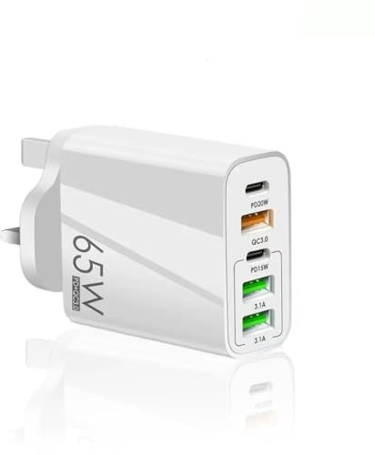 BMLOYG 65W USB C Plug, 5-Port Multi Fast Charger Plug UK, 2-Port PD Power Adapter + QC Wall Charger C Charging Plug for iPhone 16 15 14 13 12 11 XS XR SE, iPad, Samsung Galaxy, Huawei, Tablet (White)