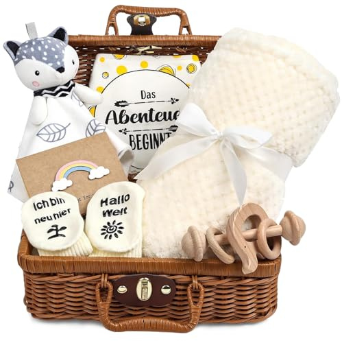 Geschenkkorb für neugeborene Jungen und Mädche, 7 in 1 Neugeborenen Geschenk Mit Korb + Dreieckstuch + Grußkarte + Socken + Plüschtier + Badetuch + Rassel, Geschenkkorb mit den besten Wünschen