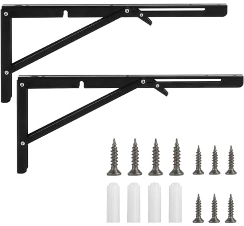 2 Pièces Équerre Pliante Étagère Murale, 400mm Equerre Pliable, Équerre Étagère Murale, Support Etagere Murale Pliable, Noir Support Console Pliable pour Table Etagere Garage Cuisine