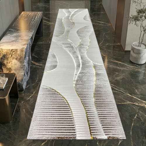 Teppich-Traum Alfombra para pasillo, cocina, salón, diseño moderno de ondas, estrecha, fácil de limpiar, resistente, decorativa, armoniosa, color crema, blanco y dorado, 80 x 300 cm