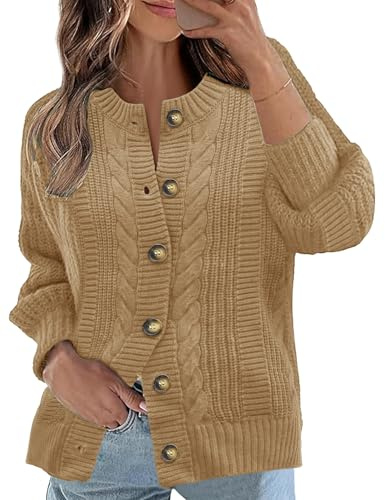 Rapbin Women's Cable Knit Cardigan Open Front Sweater Casual Long Sleeve Button Coats Outerwear（Khaki，XL）