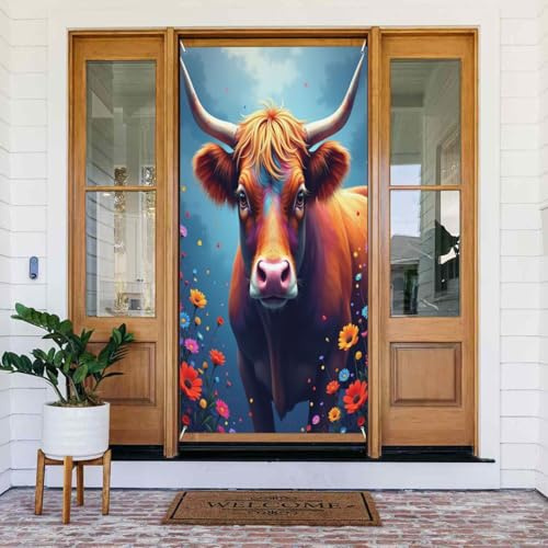 Decoraciones para puertas – Moderno estampado de toro n.º 147 para puerta delantera, cartel de primavera y verano, telón de fondo colgante para interiores y exteriores, suministros de decoración de