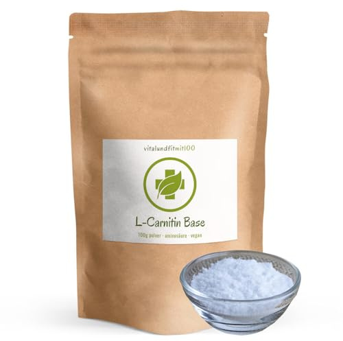 vitalundfitmit100 L-Carnitin Base Pulver 100 g – 1000 mg/Dosis – Vegan – Fermentiert – Rein