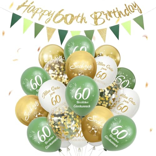 34 Stück Deko 60. Geburtstags Mann Frauen, Luftballons 60 Jahre Geburtstag | 60. Salbeigrüne Gold Geburtstagsdeko, Happy 60th Birthday Ballons, Geburtstagsfeiern Deko