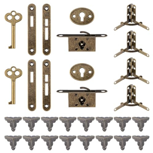 INCREWAY 2Sets Cabinet Lock Retro Cabinet Cupboard Jewelry Box Lock Bronze Small Door Lock Decorative Antique Locks Replacement with Keys, Screws,90 Degree Folding Support Hinge (Bronze)