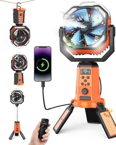 24000mAh Ventilateur de Camping solaire avec support,USB Ventilateur Avec Lumière, 0eut être Utilisé Comme Source d'alimentation Mobile, Avec Télécommande Et Crochet, Pour Bureau, Camping, Orange Noir