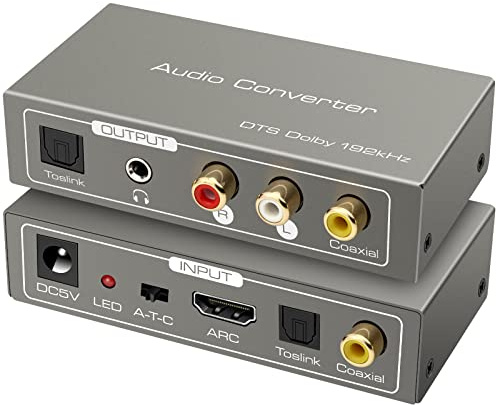 VEDINDUST Digital Analog Audio Converter, 192KHz HDMI ARC Adapter, ARC Optical Toslink Input to Optical RCA L/R 3.5mm Output, For Amplifiers Speakers Home Theatre Systems etc