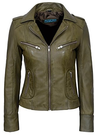 RIDER 9823 - Chaqueta de piel auténtica para mujer, color rojo, suave, estilo motociclista, verde oliva, 38