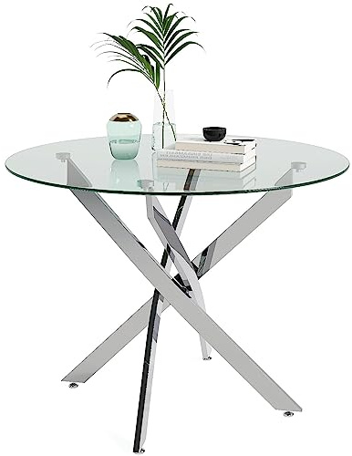 GOLDFAN Round Glass Dining Table 100cm Modern Kitchen Table with Chromed Legs for Dining Room (Tempered Glass Table Only)