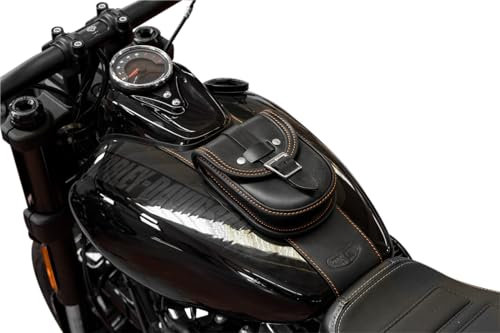 Endscuoio Tankrucksack aus Leder kompatibel mit Harley-Davidson Softail Fat Bob 2018-2024, hergestellt in Italien (Orange Nähte)