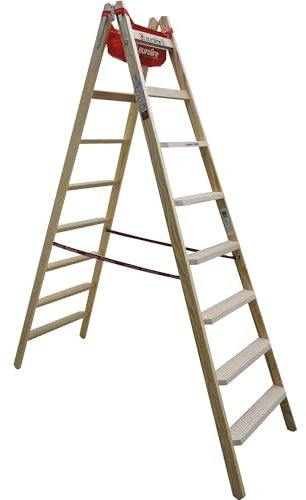 Euroline Holz Comfort-Stufenstehleiter mit Eimerhaken und Werkzeugablagetasche Nr. 10577-2x8