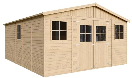 Casa da giardino in legno naturale CON PAVIMENTO IMPREGNATO 418x520 cm/20 m²- Magazzino esterno con finestre - Capanno da giardino - Bici, Deposito attrezzi e rimessa TIMBELA M333