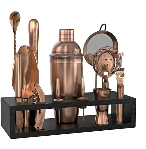 Highball & Chaser 13-teiliges Cocktail-Shaker-Set aus mattem Kupfer, Edelstahl, Barkeeper-Set für Zuhause, Bar, Lasergravur, Cocktail-Werkzeuge plus E-Book mit 30 verschiedenen Cocktail-Rezepten