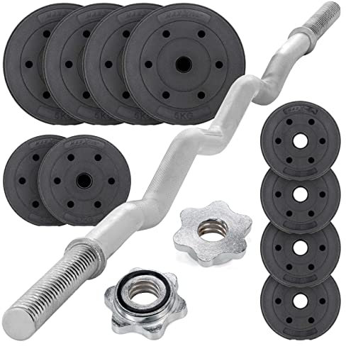 MAXXIVA® Curl-Set 120 cm mit 35 kg 10 Gewichte Zementfüllung Krafttraining Zugstange silber verchromt Bodybuilding Fitness Federverschlüsse Gewichtheben