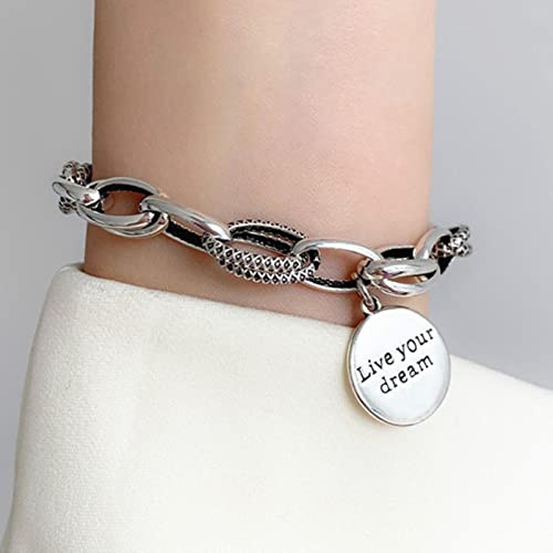 Wxbc 925 Sterling Silber Dicke Kette Bettelarmband für Frauen Vintage englischer Buchstabe runder Anhänger Silber Schmuck Geschenk-Länge 19,8 cm
