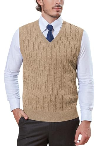 Kallspin Men’s Sweater Vest Wool Blend Cable Knit Sleeveless Jumper Casual Pullover Knitwear(Coffee, L)