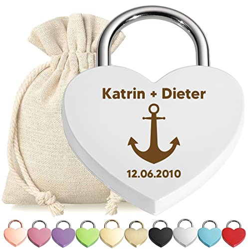 polar-effekt Liebeschloss Herzschloss Schloss Weiß mit personalisierter Gravur - Motiv Anker - Metall Vorhängeschloss - Stoffbeutel - Geschenk Jahrestag, Valentinstag - für Sie und Ihn - Liebe, Love