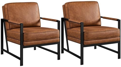 Yaheetech Set of 2 Accent Chairs for Living Room, Oversized Faux Leather Chair, Mid Century Modern Reading Chair for Bedroom Waiting Room, Light Brown