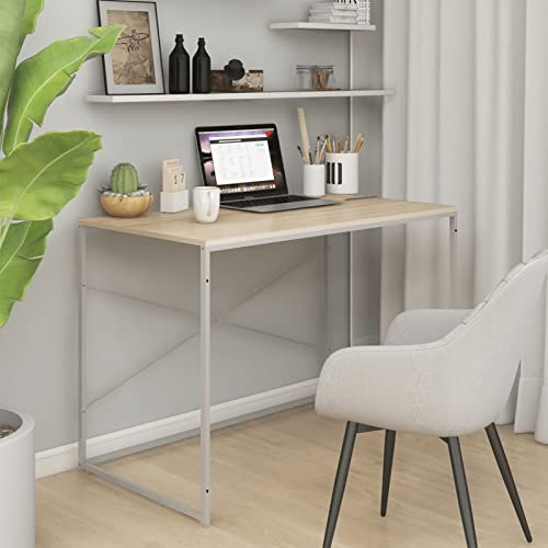 Homgoday Bureau pour ordinateur blanc et chêne, 110 x 60 x 70 cm, panneau de particules, bureau pour ordinateur, bureau, bureau, table de bureau, bureau de jeux pour chambre