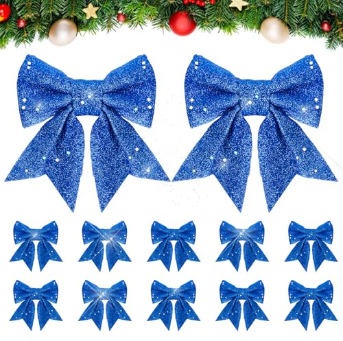 12 Stück 12x15cm Weihnachtsschleifen Weihnachten Blau Schleifen Glitzer Weihnachtsbaumschmuck Deko für Weihnachtsbaum Weihnachtskranz Tannenbaum Weihnachtsbaumschleifen (Blau)