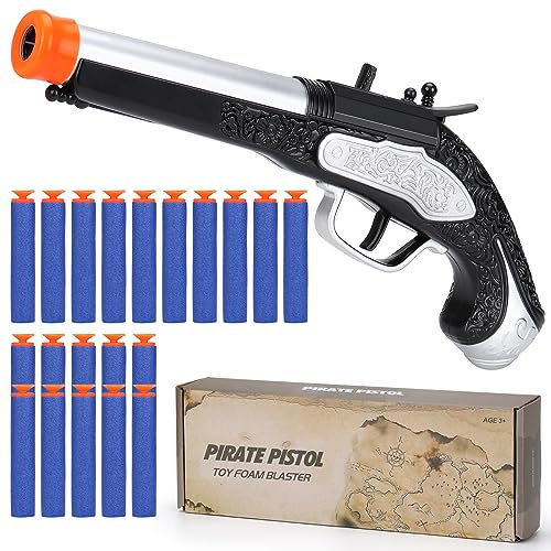 Piratenpistole Spielzeug Pistole für Kinder - Spielzeugpistolen Piraten Pistole mit 20 Kugeln, Spielzeug-Schaumstoff-Blaster Spielzeug Waffen für Halloween Karneval Piratenkostüm (Silber)
