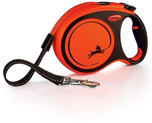 Flexi Xtreme L - Extra robuste einziehbare Leine mit 7,9 m extra starkem Band | Schutzgürtel mit reflektierenden Komponenten | Griffverstellung | Orange/Schwarz