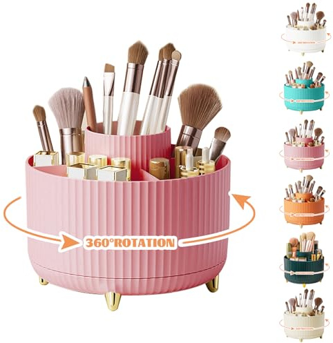 360° Rotating Makeup Organiser, Make Up Brush Holder with 5 Compartments, Desk Storage Container for Bedroom Dressing Table Cosmetics Organizer, Office Stationery Storage, Desktop Pen Holders (Pink)