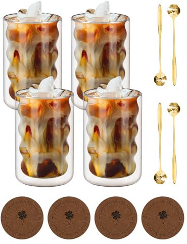 Latte Macchiato Juego de 4 cucharas y 4 posavasos, 350 ml, vasos de doble pared de vidrio de borosilicato para latte macchiato, vasos térmicos, vasos de café de doble pared, seguros y resistentes al