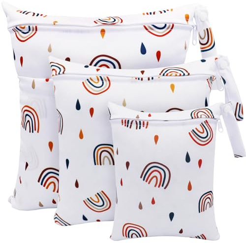 FenFang Windeltasche Nasstaschen, 3 Stück Wetbag Stoffwindeln Organiser Taschen, Beutel Wickeltasche Nasssack Wäschebeutel Kindergarten Naßtasche Nassbeutel Wiederverwendbare Baby (Weißer Regenbogen)