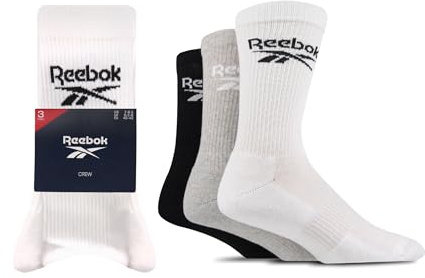 Reebok Chaussettes Hautes Homme Femme - Pour Marche Sport Quotidien Yoga Fitness, Confortables, Coton Respirant, Lavables, Crew, Lot de 3 Paires, Taille 40-42, Blanc/Grise/Noir