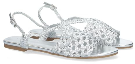shoes&blues.es 80943-Sandalias Planas para Mujer, comodas con Pala Abierta Trenzada y Fina, Cierre de Hebilla.. Talla 39 Plata