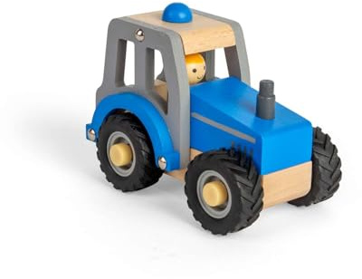 Bigjigs Toys - Mini Blue Tractor - Holzfarmfahrzeug mit realistischen Gummirädern und Bauernfahrerfigur, Kinderspielzeugtraktoren und LKWs, Geschenke für Kleinkinder, 12 Jahre mehr als 12 Monate