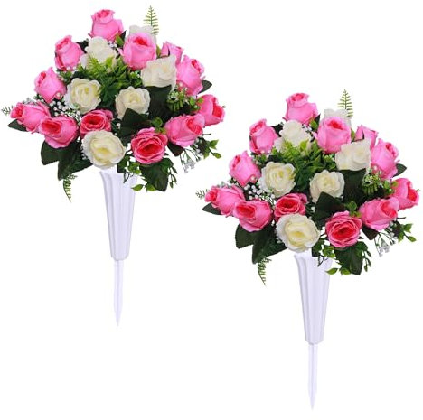 Lodou Artificial Cemetery Flowers,Outdoor Grave Decorations Roses, Memorial Flowers Bouquet with Cemetery Vase,2 Sets (Pink)