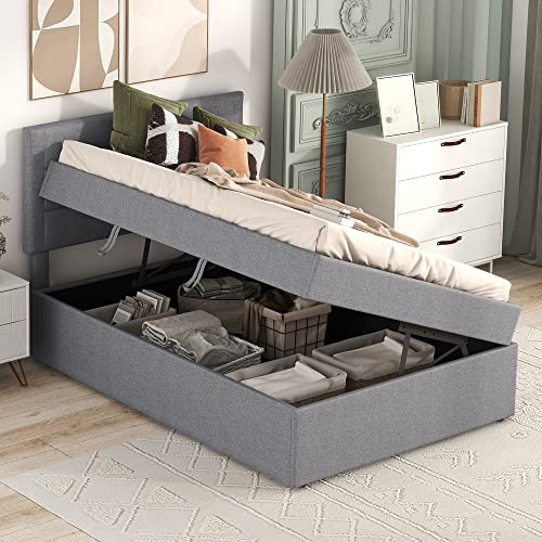 MYBOO Boxspringbett 90x200 mit Bettkasten und Kopfteil, Doppelbett Einzelbett mit Großer Stauraum, Bett mit Holz Lattenrost und Metallrahmen, Bettgestell Stauraumbett Rückenlehne Bett, Leinen, Grau